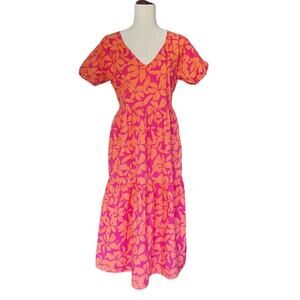 J Crew Dress Womens 4 Pink Orange Floral V Neck Puff Sleeve Tiered Midi Pockets